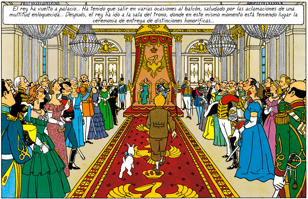 Tintin reçu dans la salle du trône par le Roi Muskar XII dans le Sceptre d'Ottokar